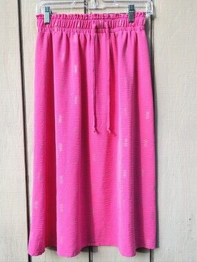 Messini Women’s Midi Skirt Pink Silver Metallic Pineapple Elastic-Waist Faux Tie